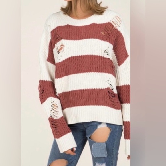 Pol Distressed
Cream Rust Colored Striped Sweater - Picture 2 of 4